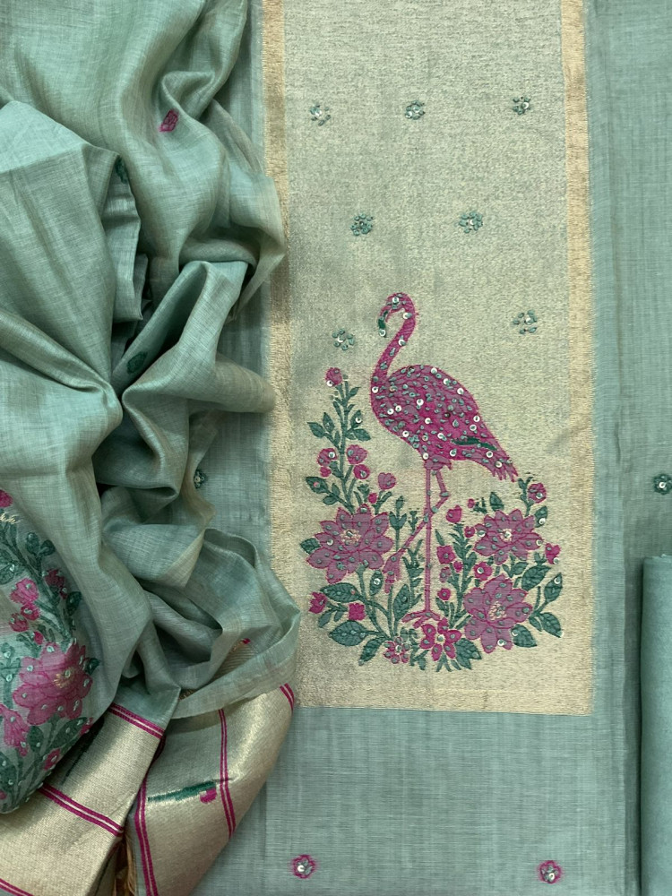 Image of Soft Slub Chanderi Jamdani Weaved Embroidered Suit - Sea Blue
