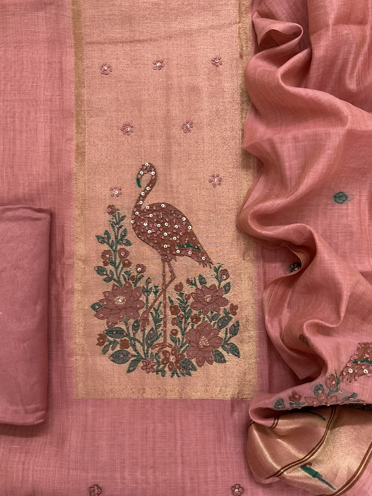 Soft Slub Chanderi Jamdani Weaved Embroidered Suit - Pink