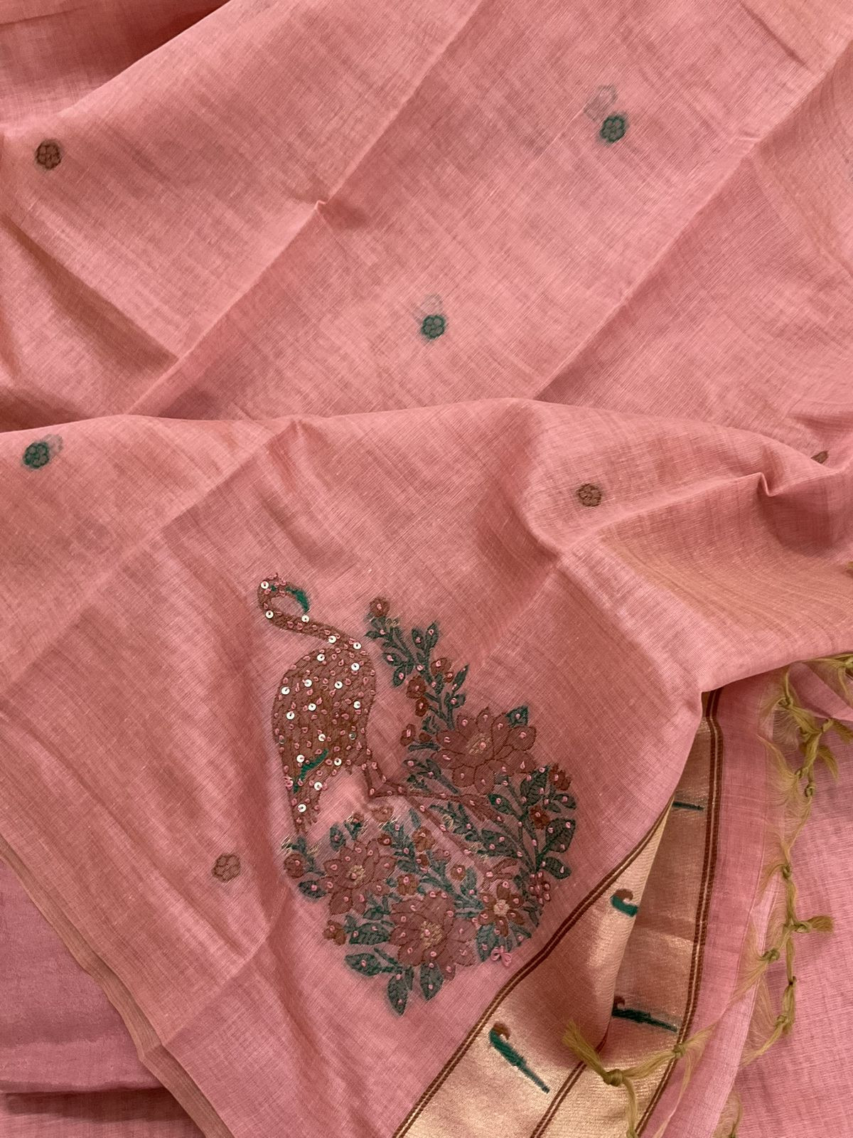 Soft Slub Chanderi Jamdani Weaved Embroidered Suit - Pink