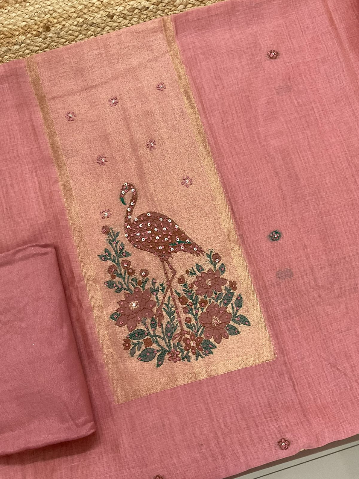 Soft Slub Chanderi Jamdani Weaved Embroidered Suit - Pink