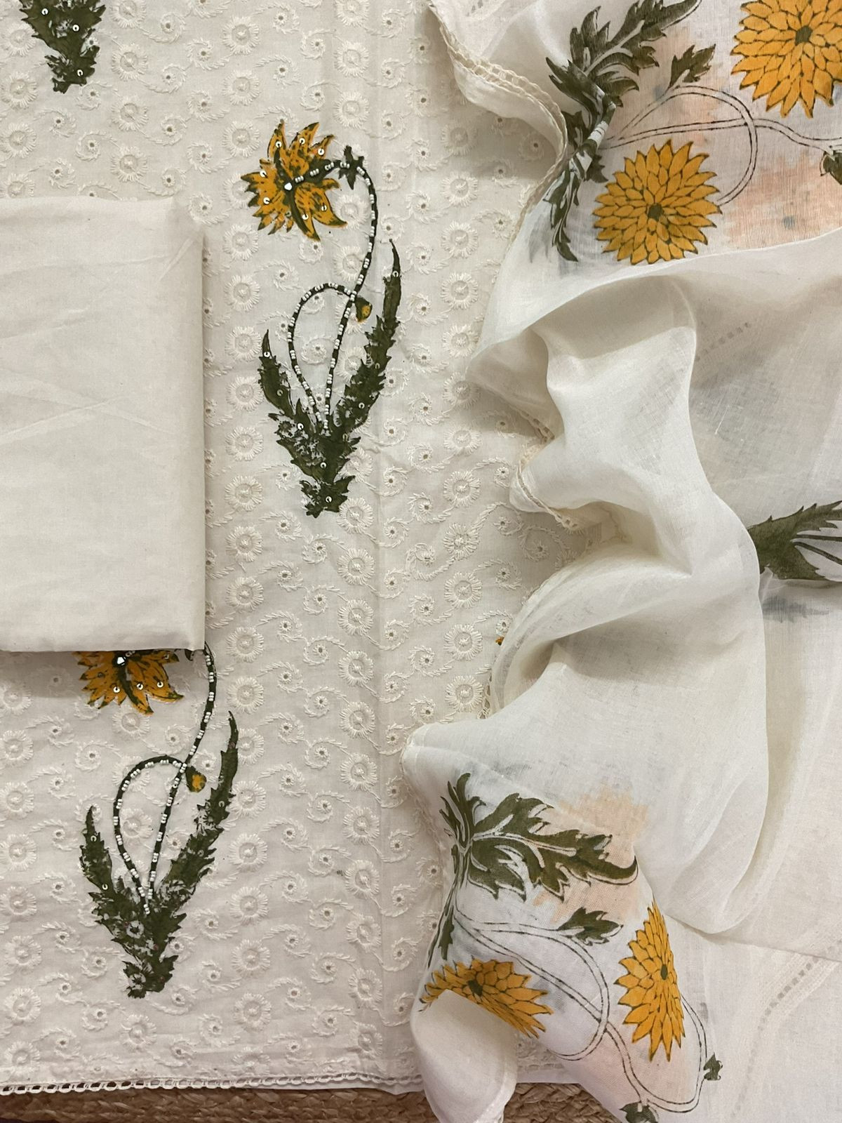 Pure Hakoba Cotton Printed Embroidered Suit - Off White