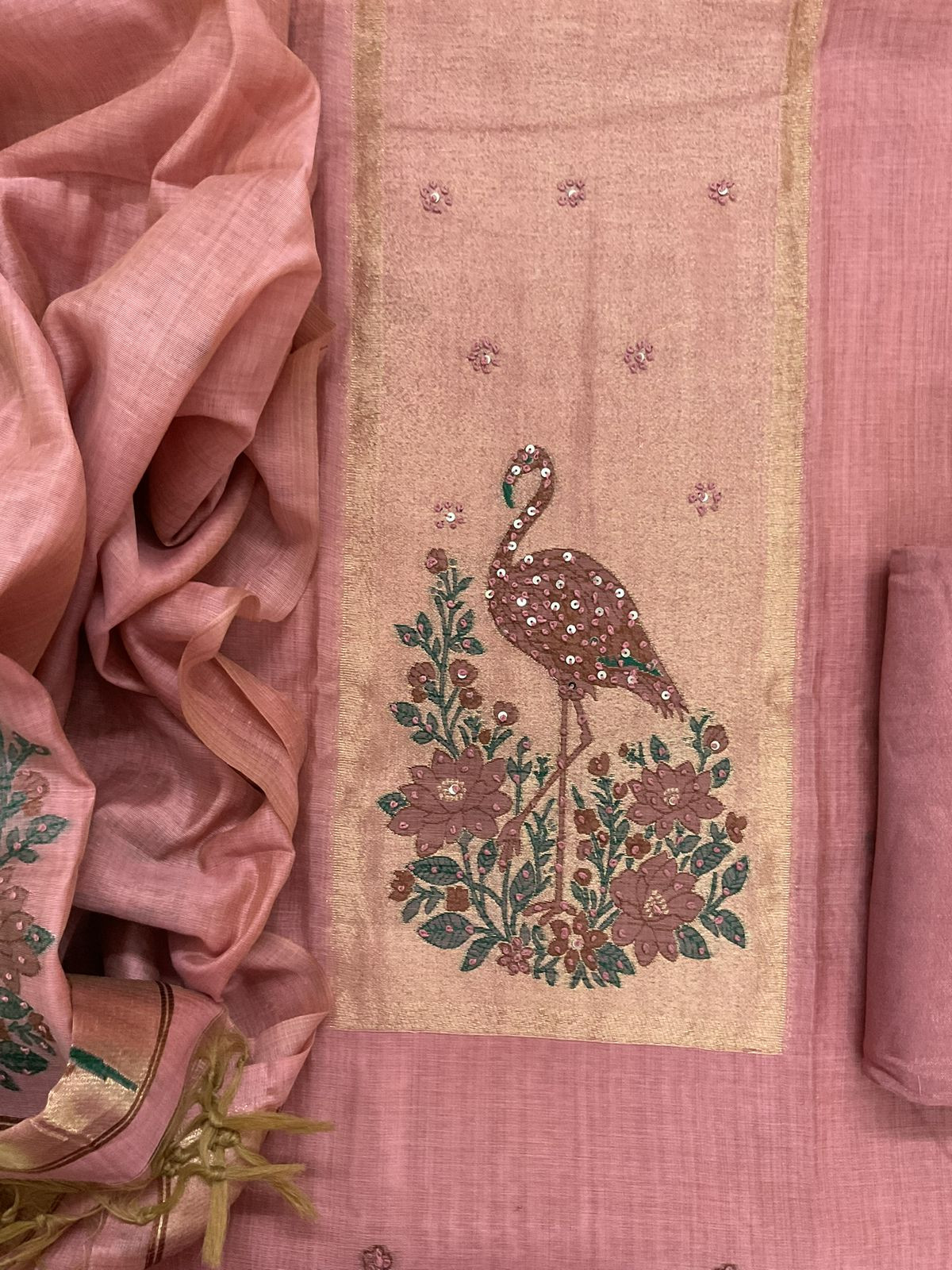 Soft Slub Chanderi Jamdani Weaved Embroidered Suit - Pink