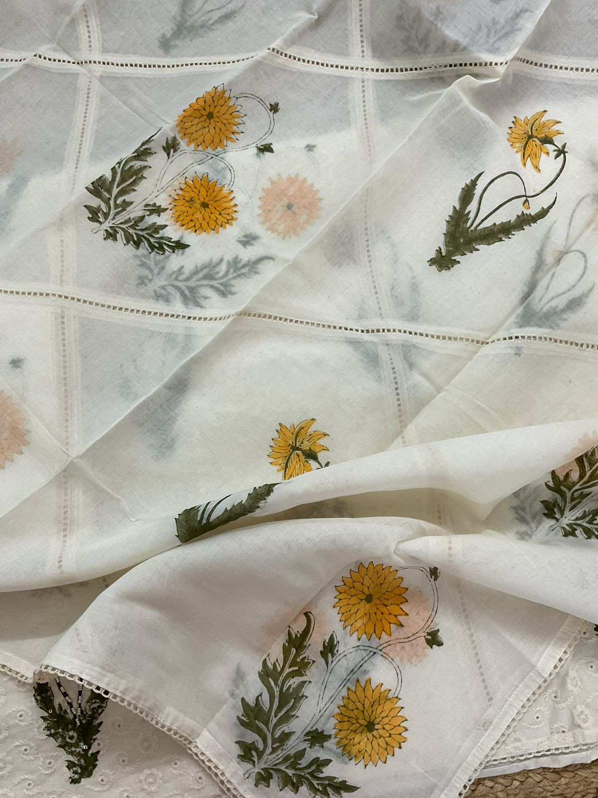 Pure Hakoba Cotton Printed Embroidered Suit - Off White