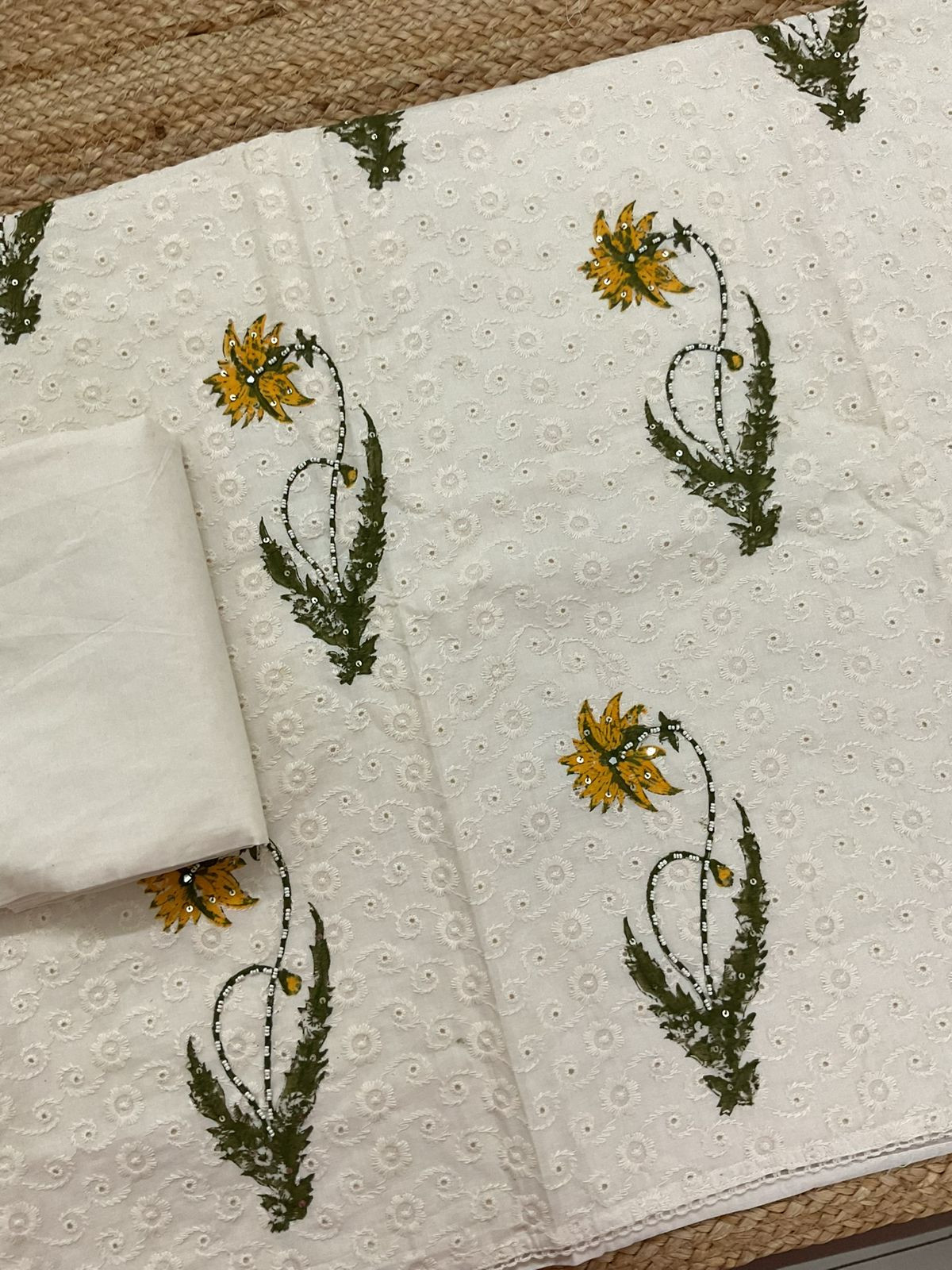 Pure Hakoba Cotton Printed Embroidered Suit - Off White