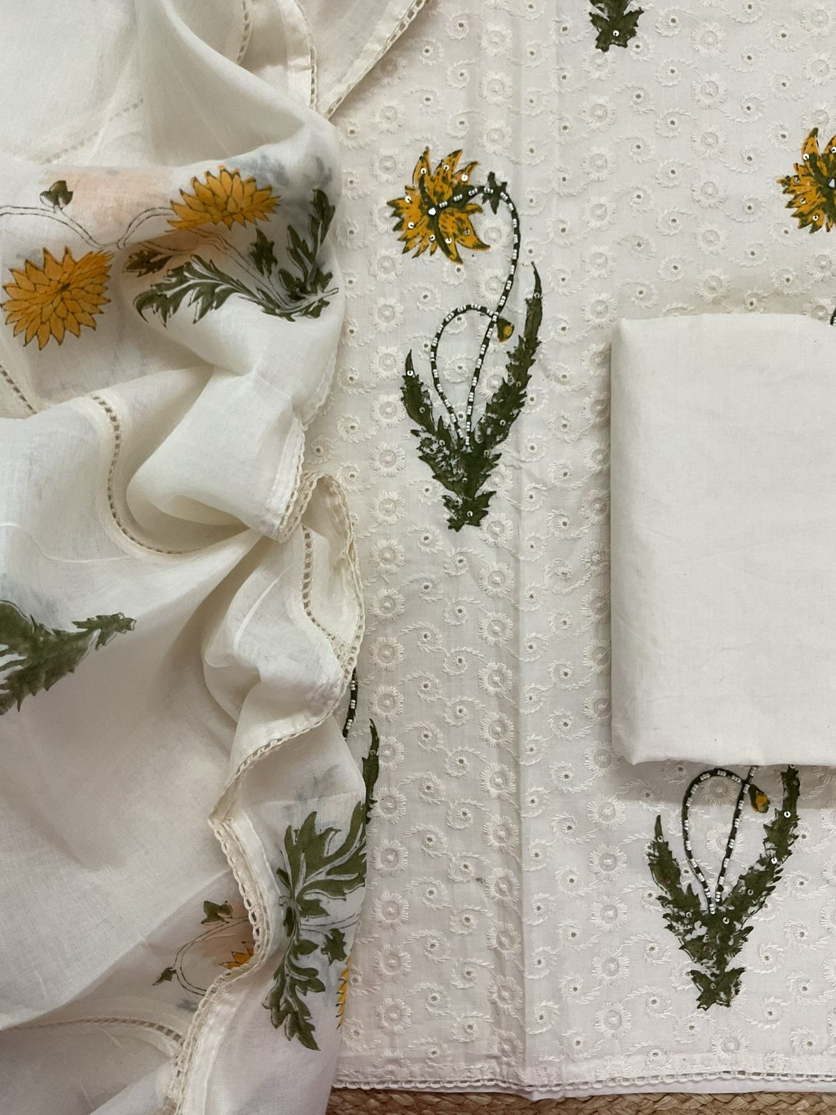 Pure Hakoba Cotton Printed Embroidered Suit - Off White