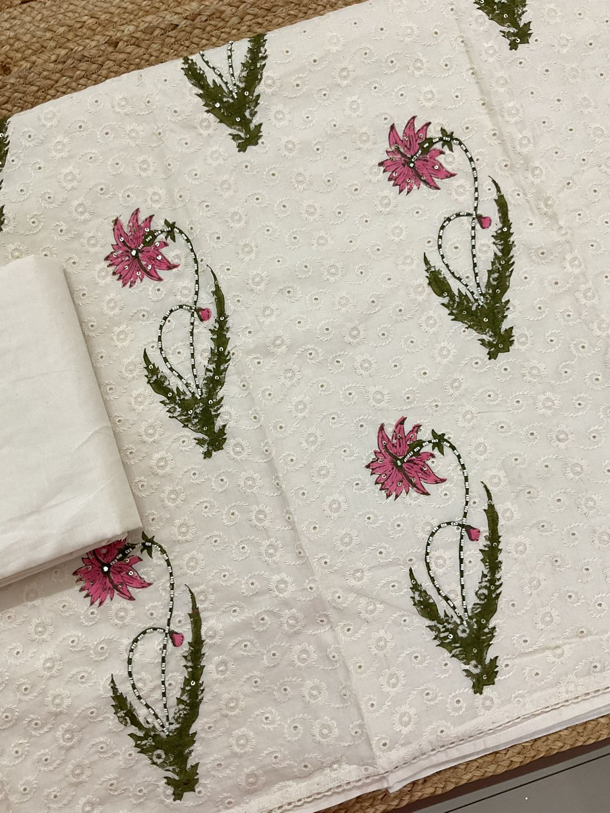 Pure Hakoba Cotton Printed Embroidered Suit - Off White