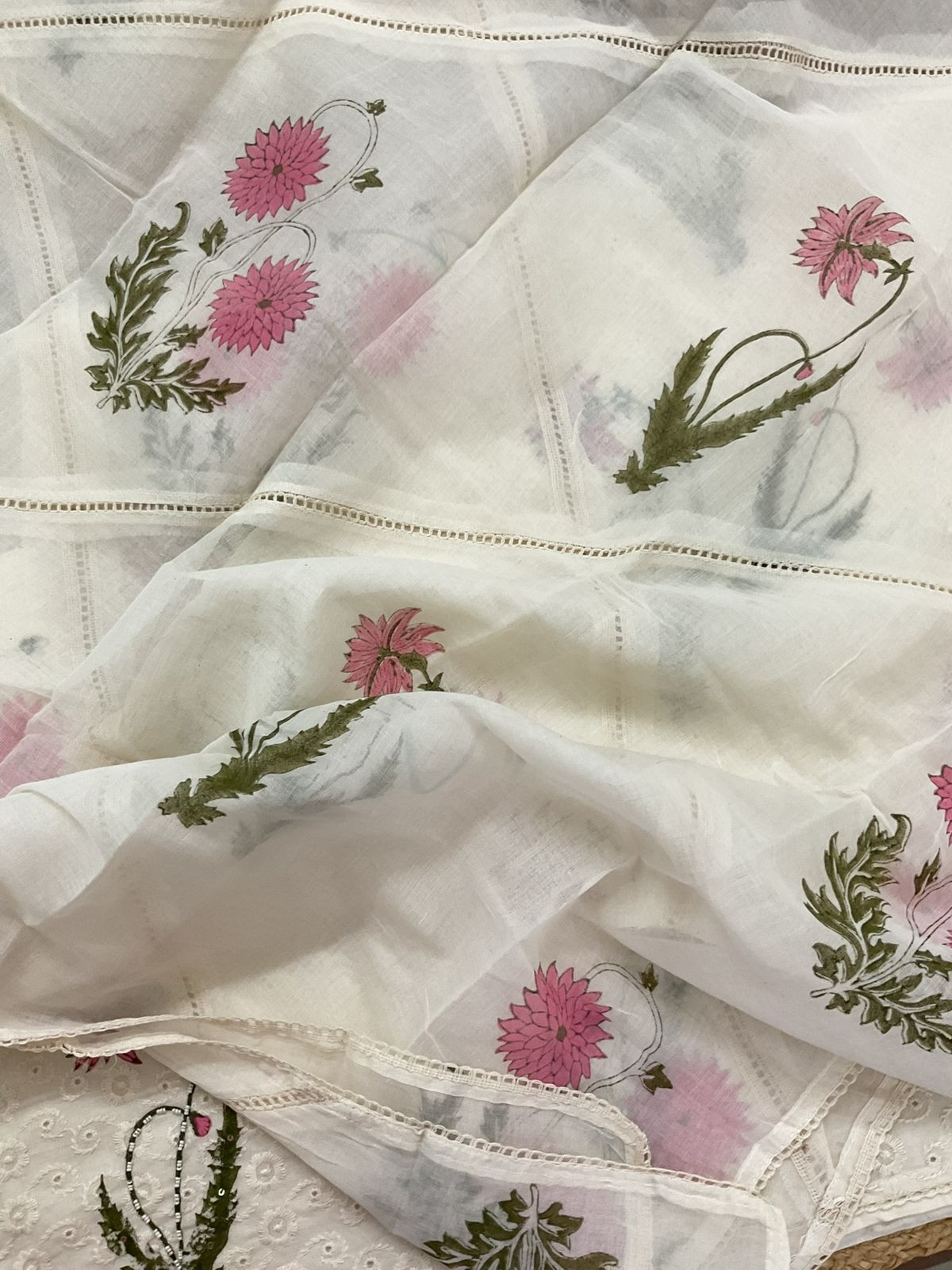 Pure Hakoba Cotton Printed Embroidered Suit - Off White