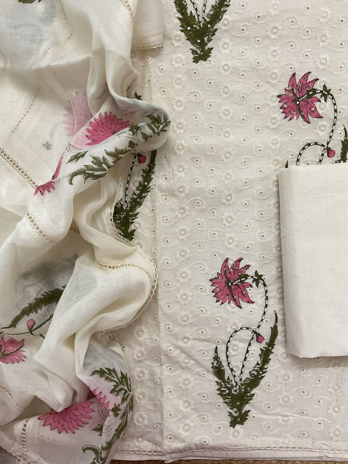Pure Hakoba Cotton Printed Embroidered Suit - Off White