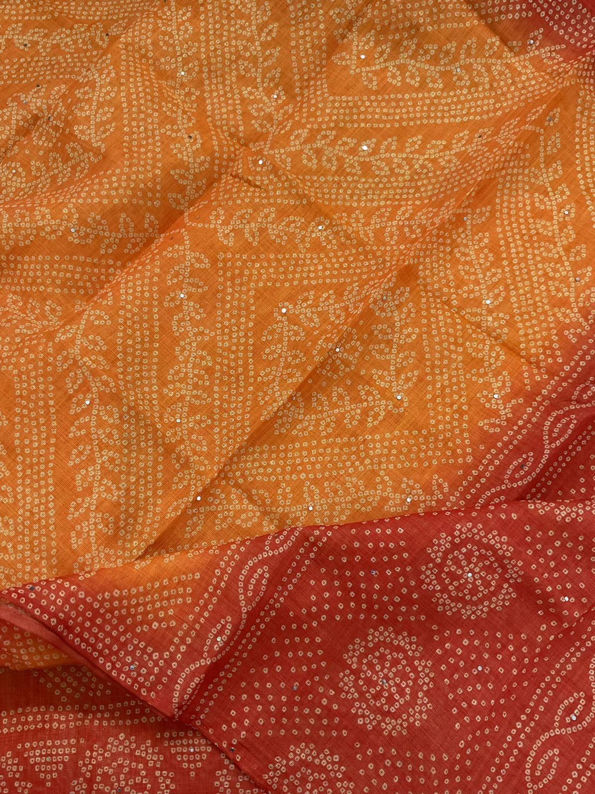 Soft Tissue Slub Cotton Printed Embroidered Suit - Orange
