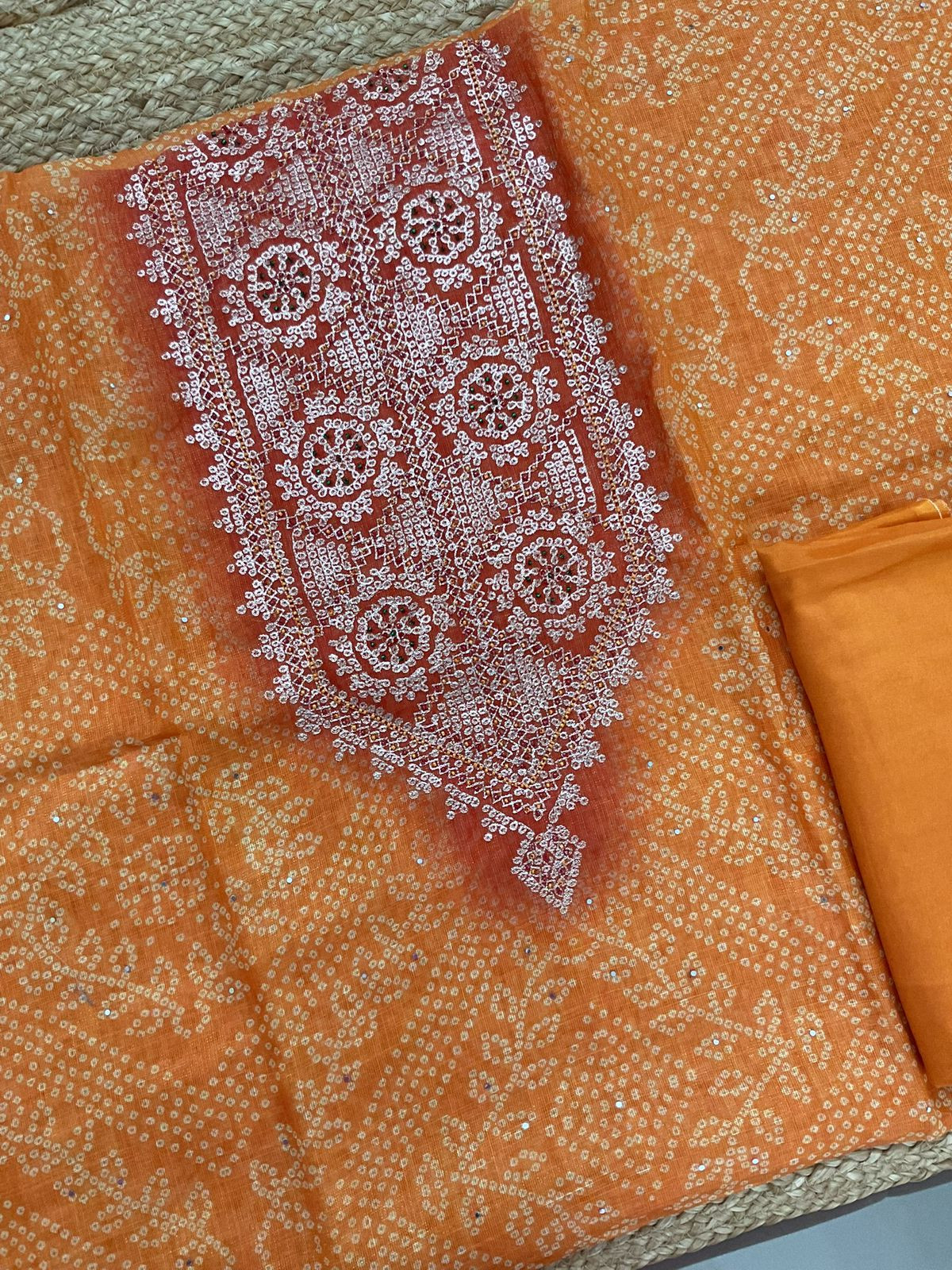 Soft Tissue Slub Cotton Printed Embroidered Suit - Orange