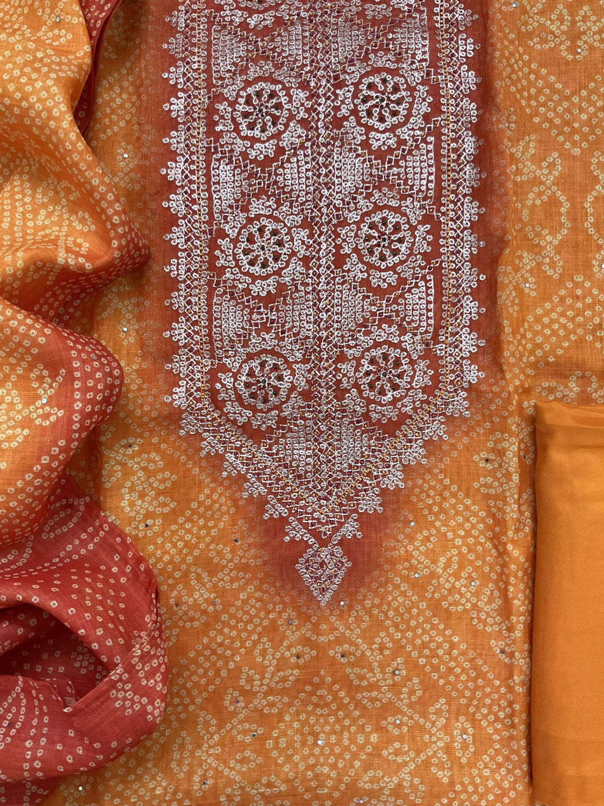 Soft Tissue Slub Cotton Printed Embroidered Suit - Orange