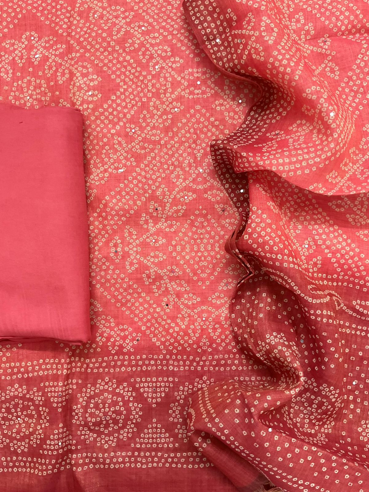 Soft Tissue Slub Cotton Printed Embroidered Suit - Peach