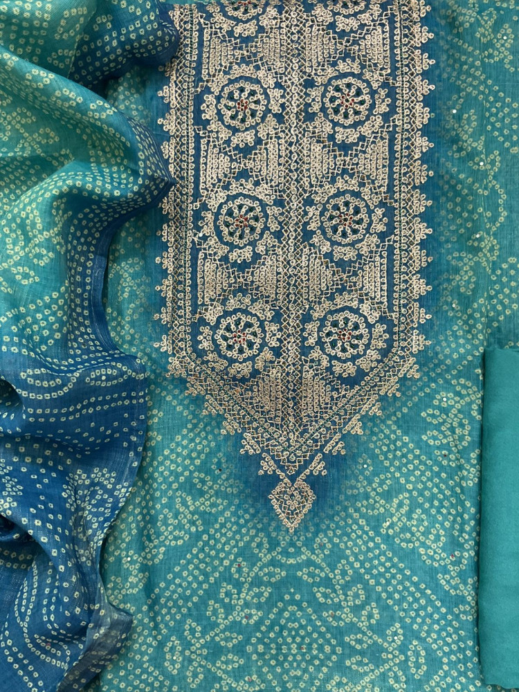 Image of Soft Tissue Slub Cotton Printed Embroidered Suit - Blue