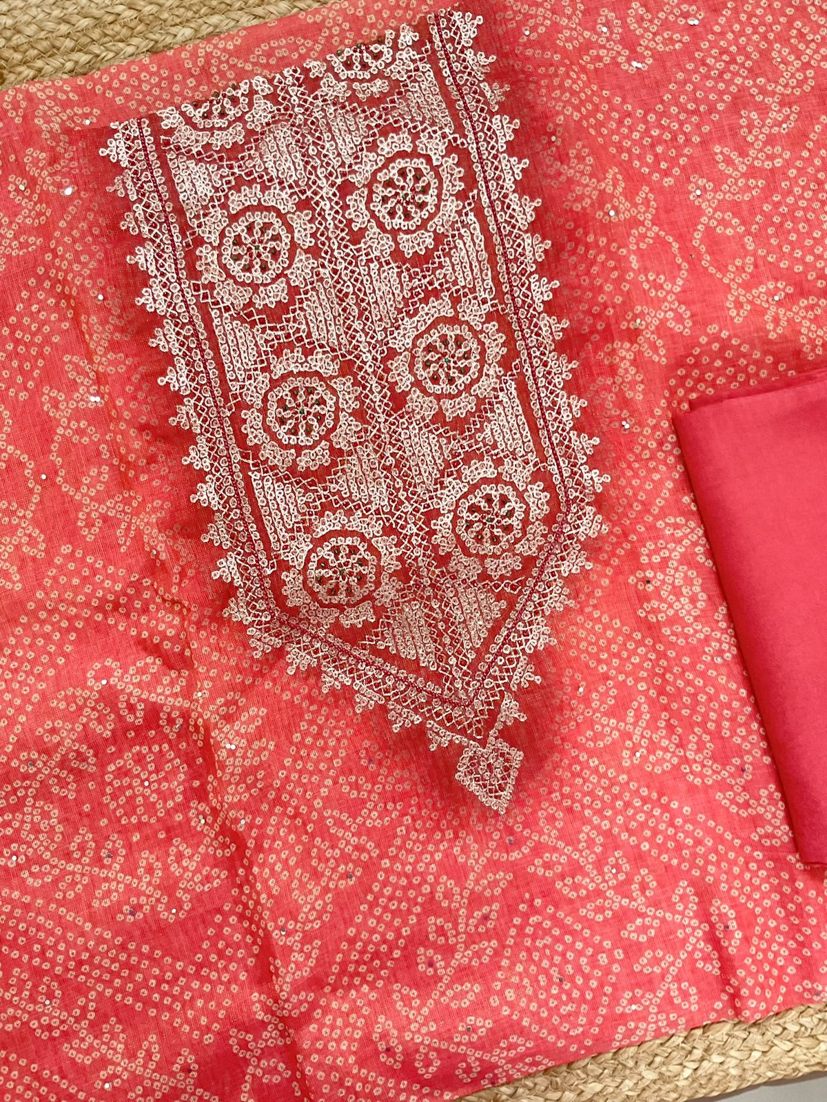 Soft Tissue Slub Cotton Printed Embroidered Suit - Peach