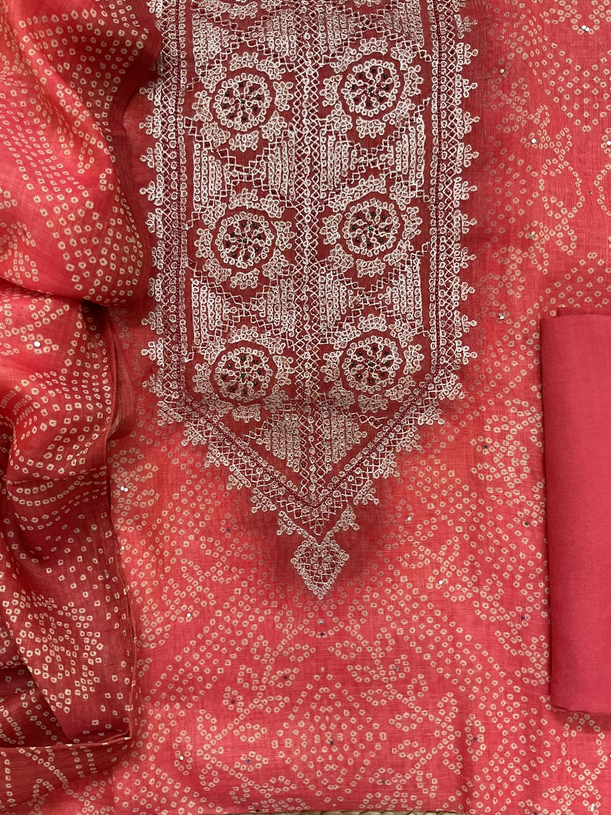 Soft Tissue Slub Cotton Printed Embroidered Suit - Peach
