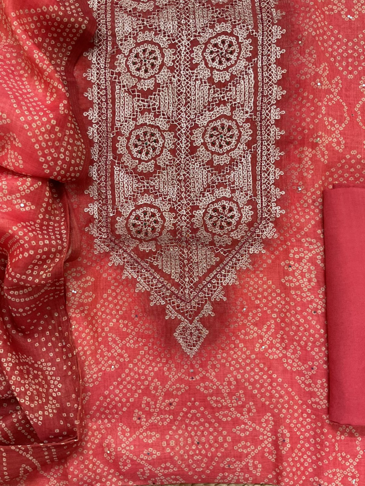 Image of Soft Tissue Slub Cotton Printed Embroidered Suit - Peach