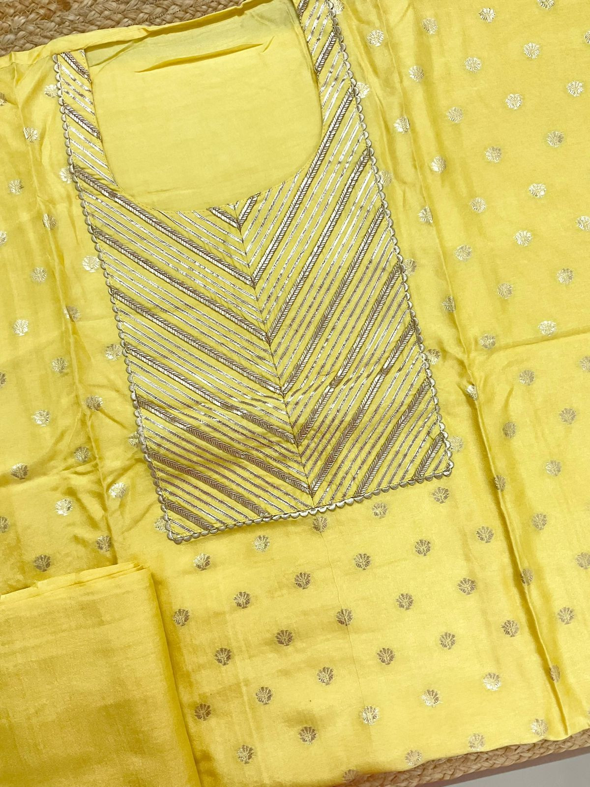 Pure Upada Silk Banarasi Weaved Embroidered Suit - Yellow