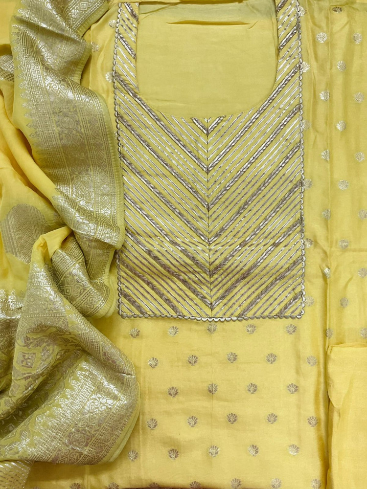 Image of Pure Upada Silk Banarasi Weaved Embroidered Suit - Yellow