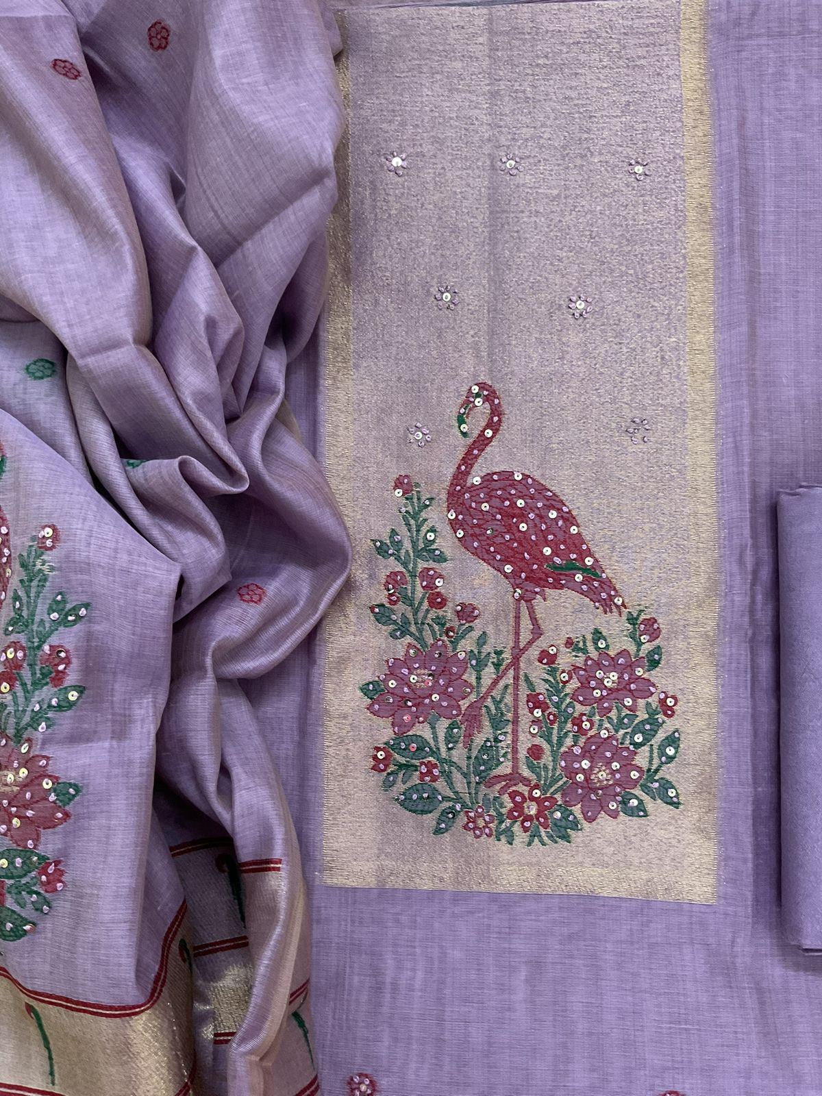 Soft Slub Chanderi Jamdani Weaved Embroidered Suit - Purple