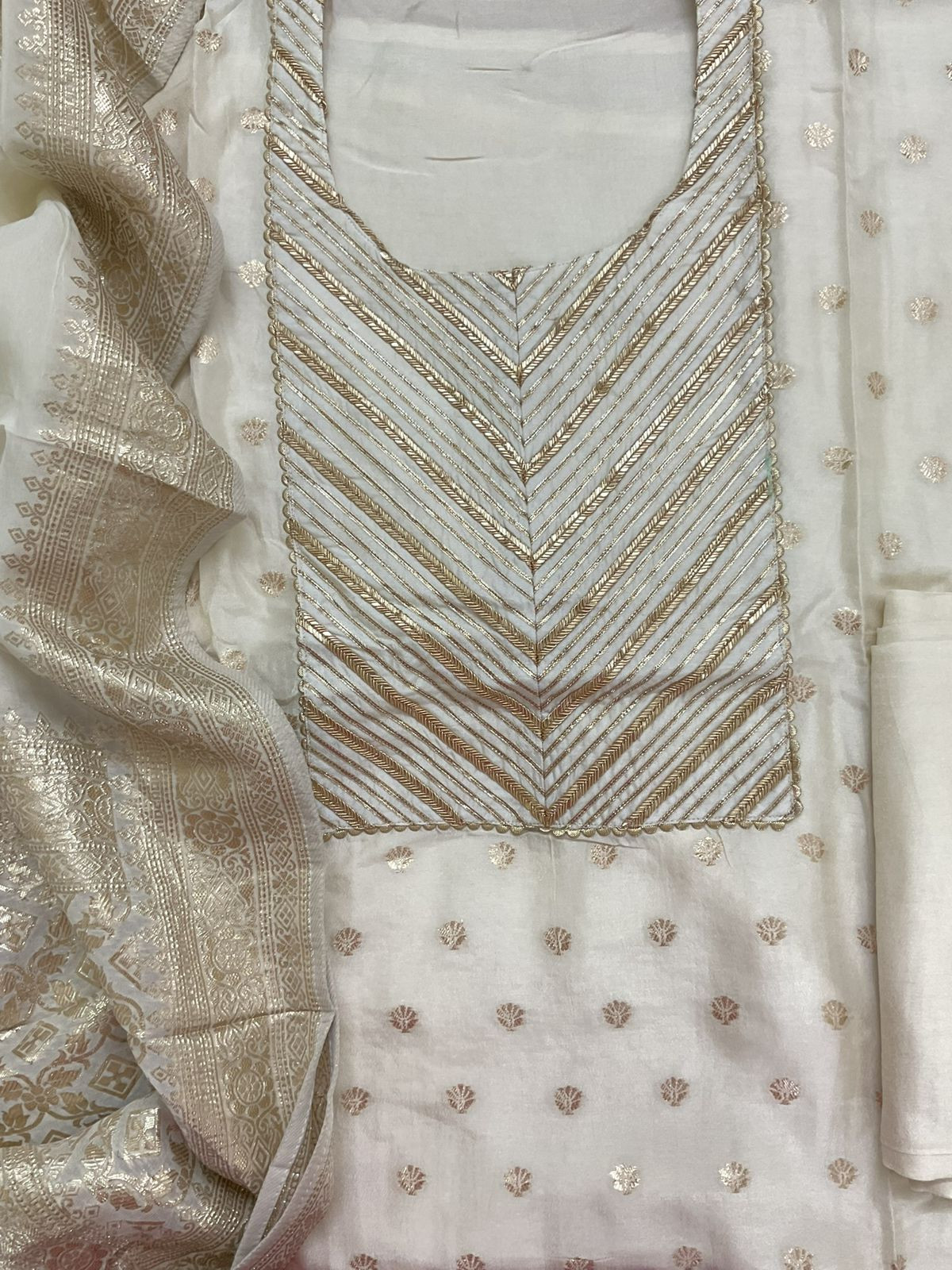 Pure Upada Silk Banarasi Weaved Embroidered Suit - Offwhite