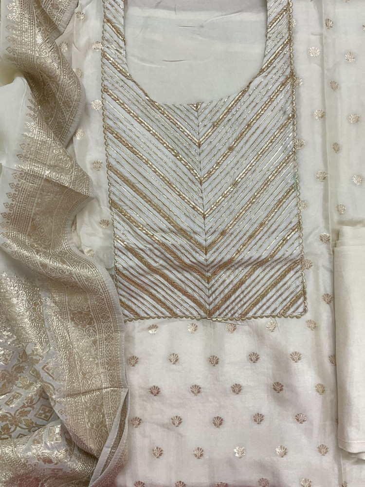 Image of Pure Upada Silk Banarasi Weaved Embroidered Suit - Offwhite