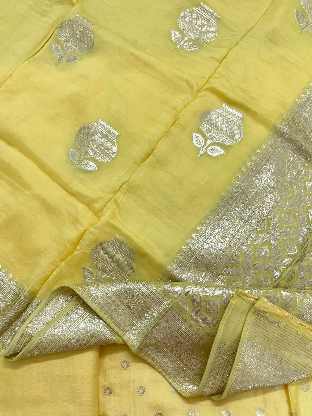 Pure Upada Silk Banarasi Weaved Embroidered Suit - Yellow