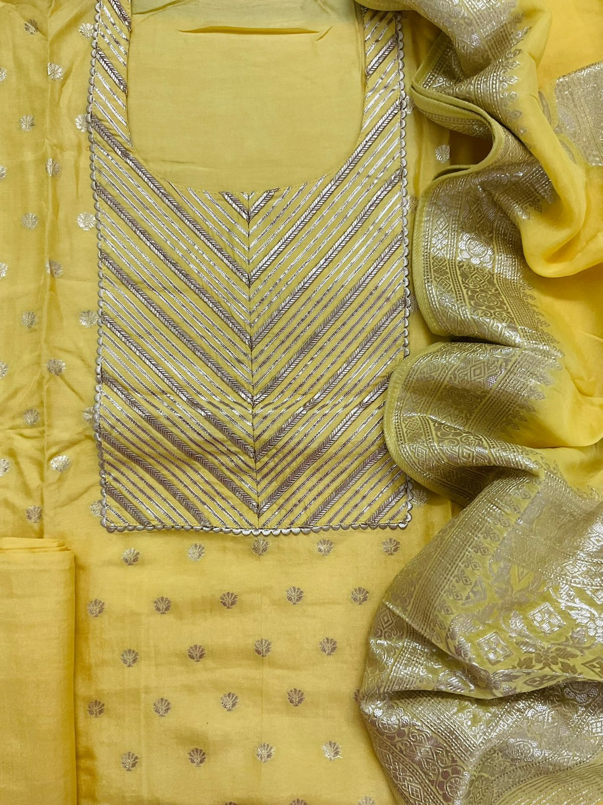 Pure Upada Silk Banarasi Weaved Embroidered Suit - Yellow