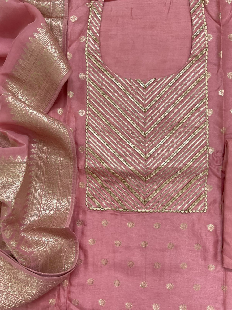 Image of Pure Upada Silk Banarasi Weaved Embroidered Suit - Pink