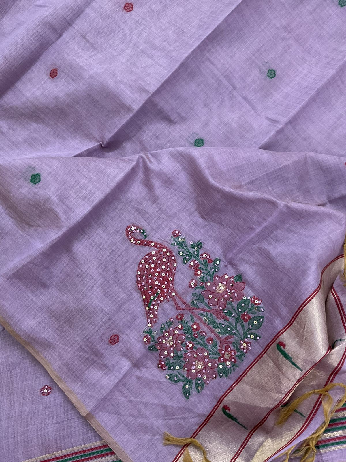 Soft Slub Chanderi Jamdani Weaved Embroidered Suit - Purple