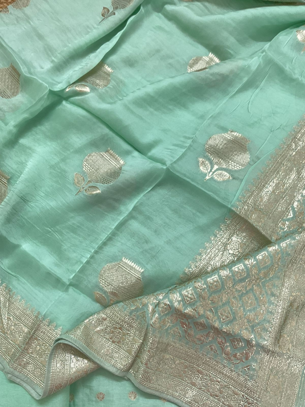Pure Upada Silk Banarasi Weaved Embroidered Suit - Sea Green