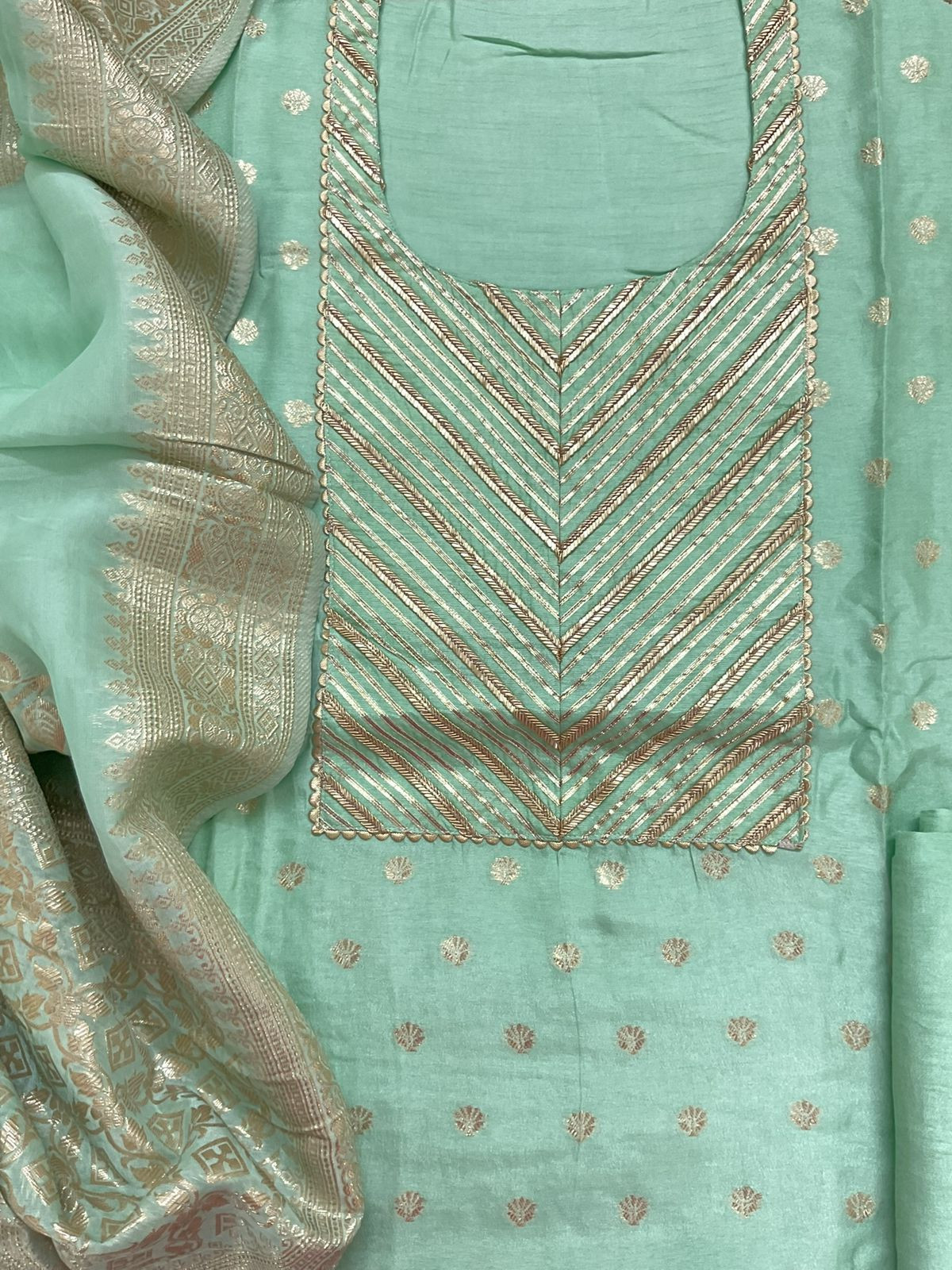 Pure Upada Silk Banarasi Weaved Embroidered Suit - Sea Green