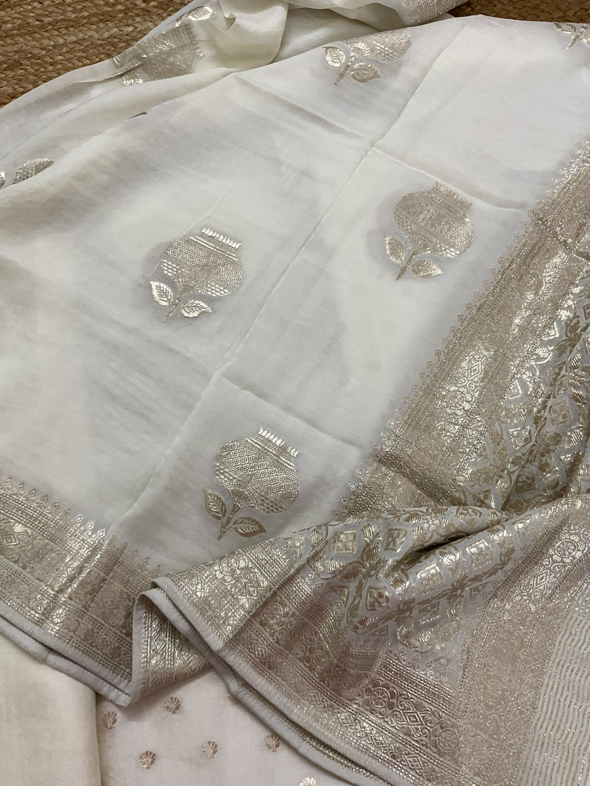 Pure Upada Silk Banarasi Weaved Embroidered Suit - Offwhite