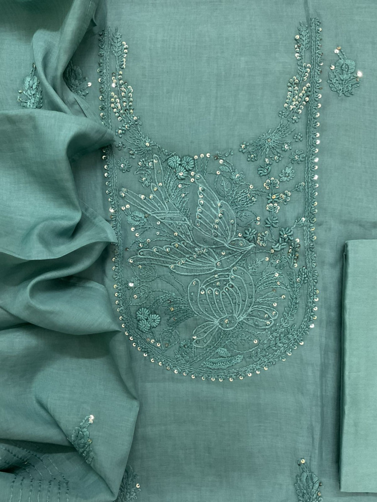 Image of Soft Chanderi Embroidered Suit - Blue