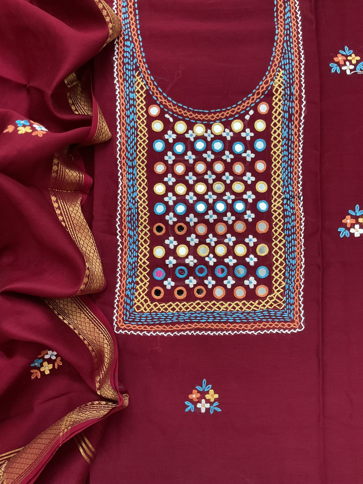 Pure Chanderi Embroidered Suit - Maroon