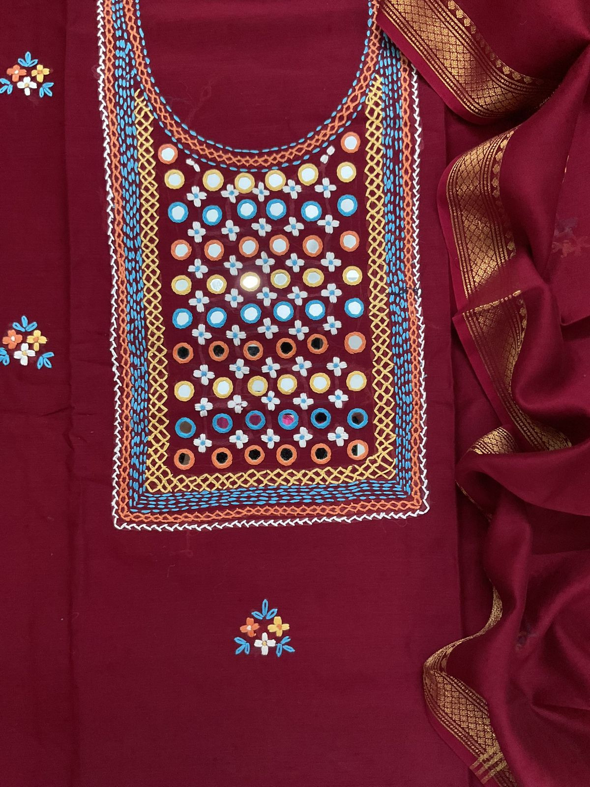 Pure Chanderi Embroidered Suit - Maroon