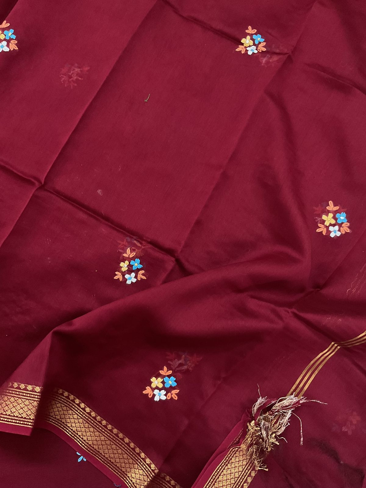 Pure Chanderi Embroidered Suit - Maroon