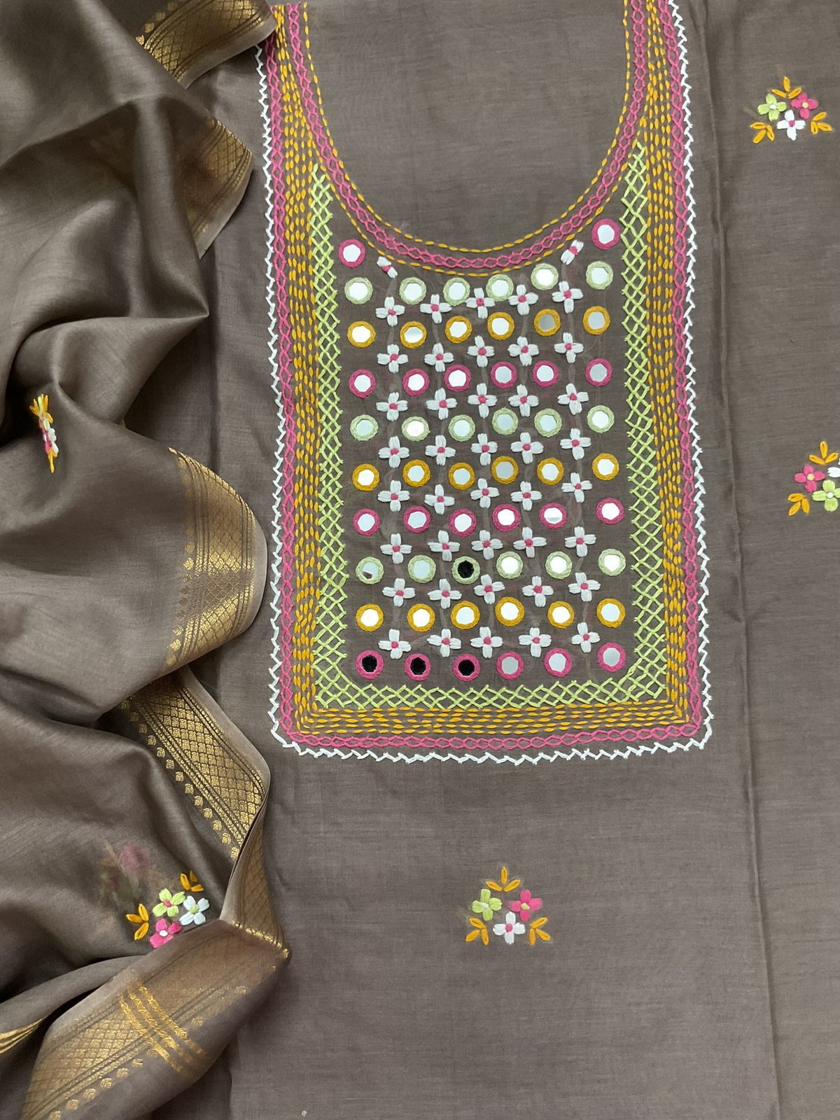 Pure Chanderi Embroidered Suit - Beige