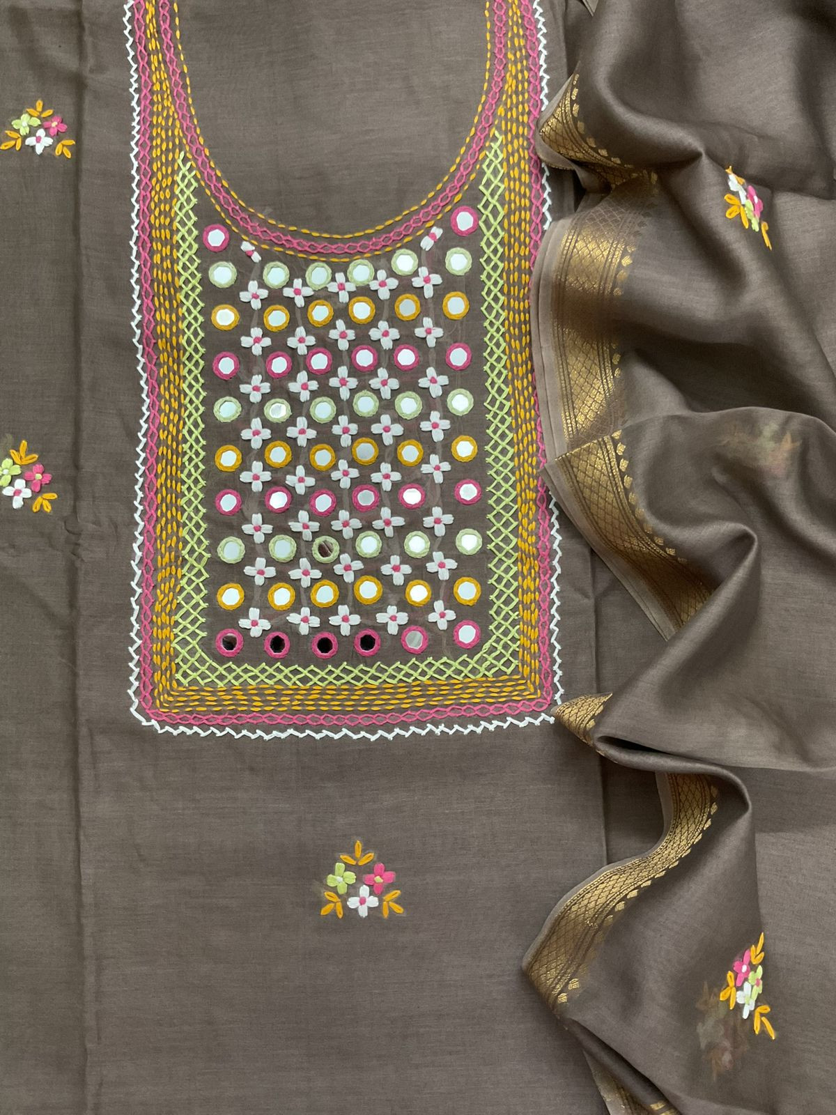 Pure Chanderi Embroidered Suit - Beige