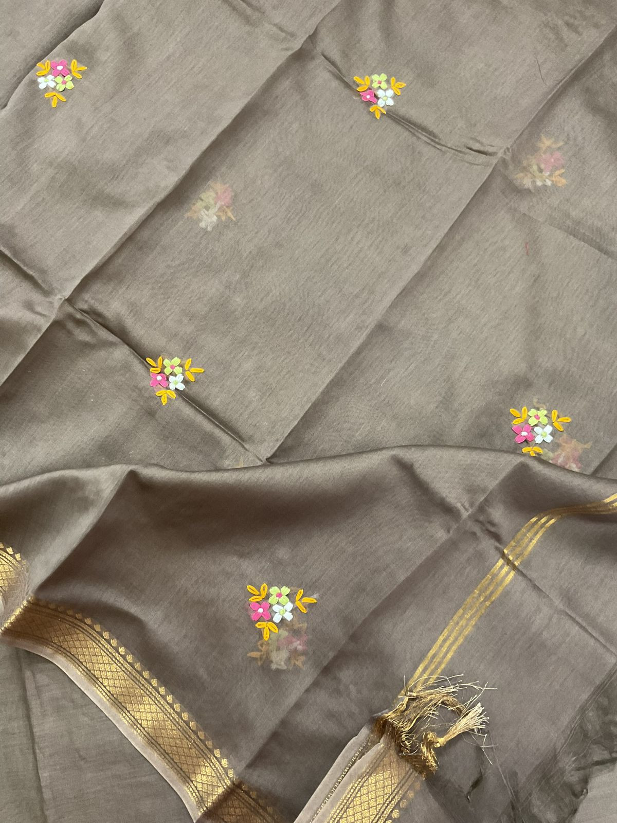 Pure Chanderi Embroidered Suit - Beige