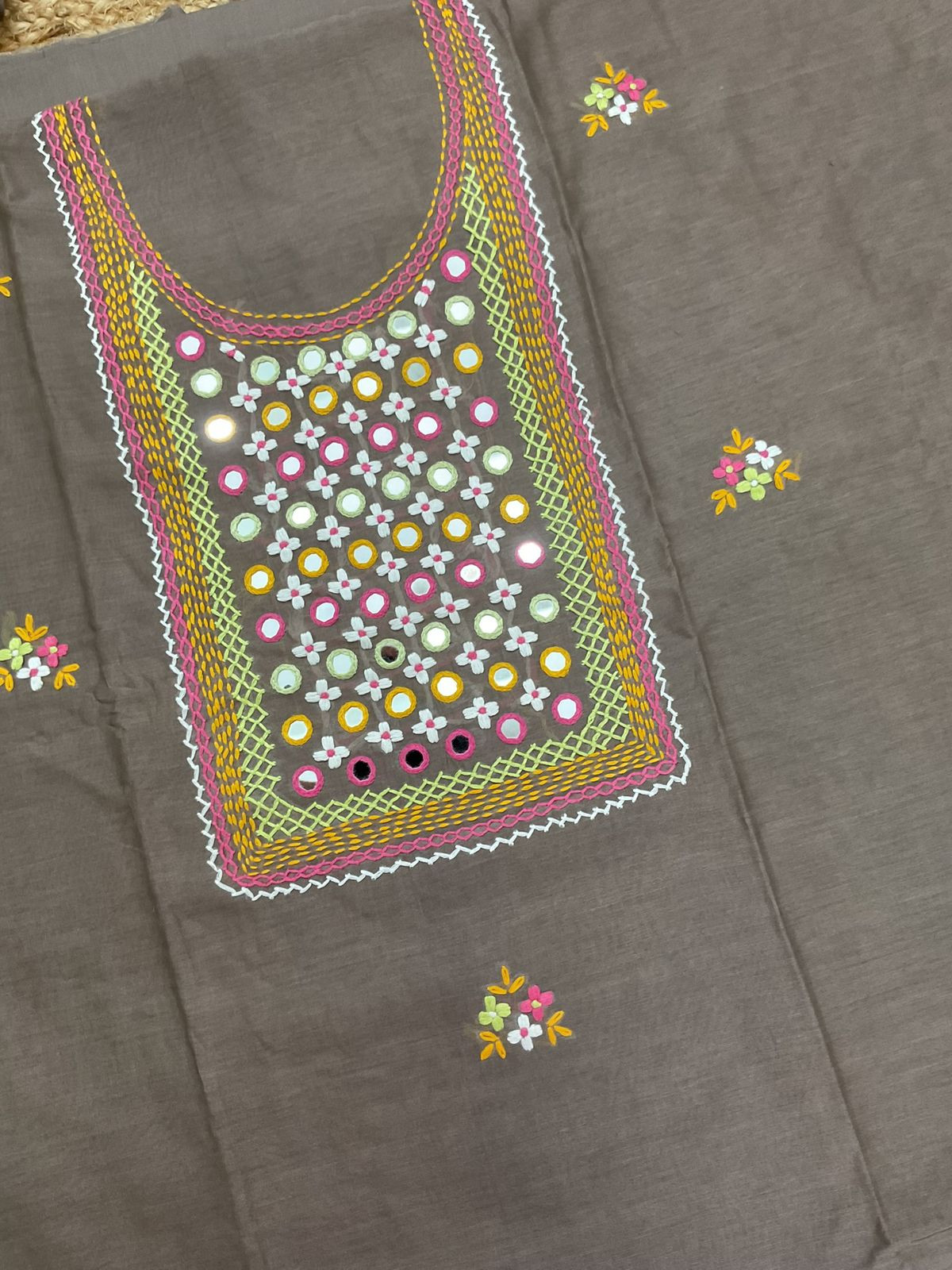 Pure Chanderi Embroidered Suit - Beige