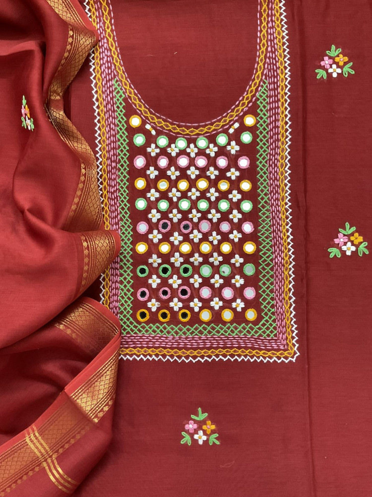 Image of Pure Chanderi Embroidered Suit - Dark Orange