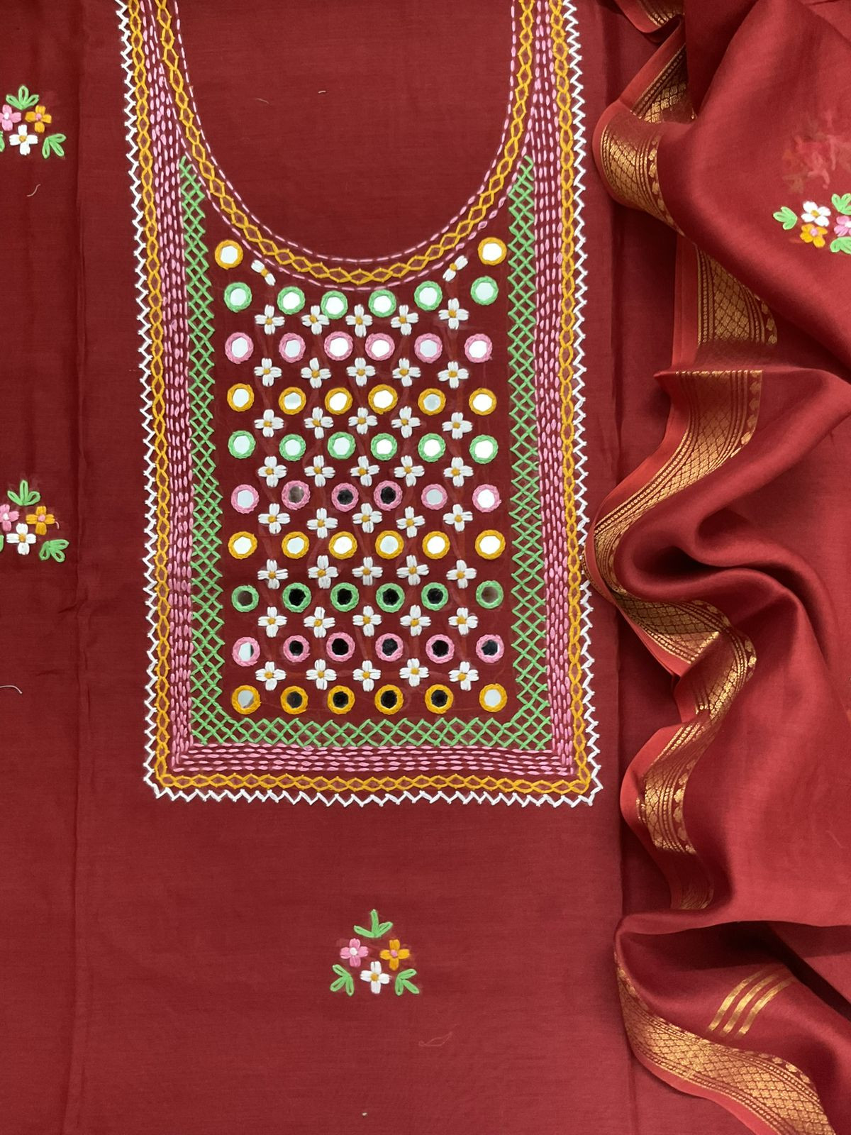 Pure Chanderi Embroidered Suit - Dark Orange