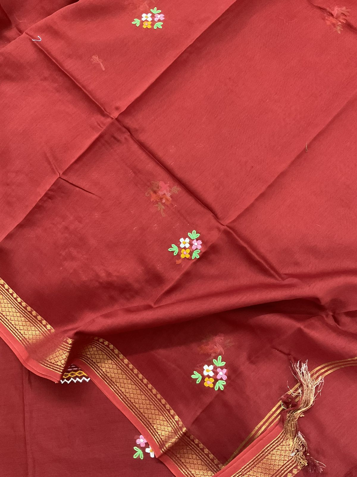 Pure Chanderi Embroidered Suit - Dark Orange