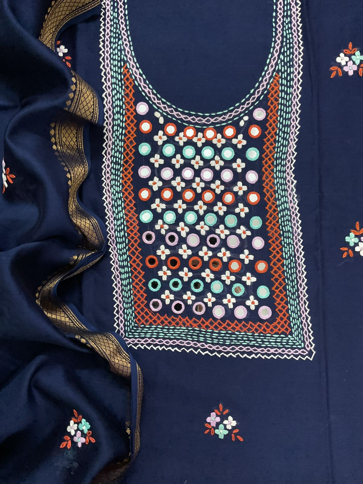 Pure Chanderi Embroidered Suit - Blue