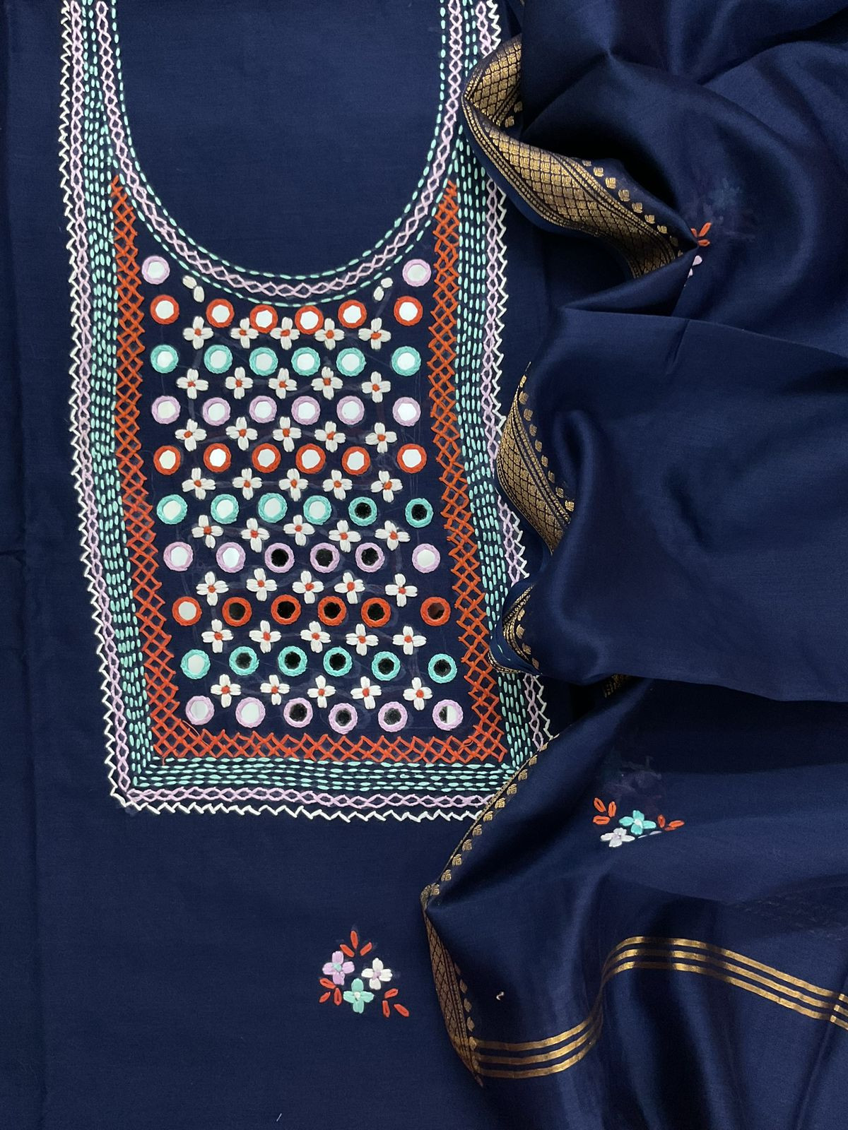 Pure Chanderi Embroidered Suit - Blue