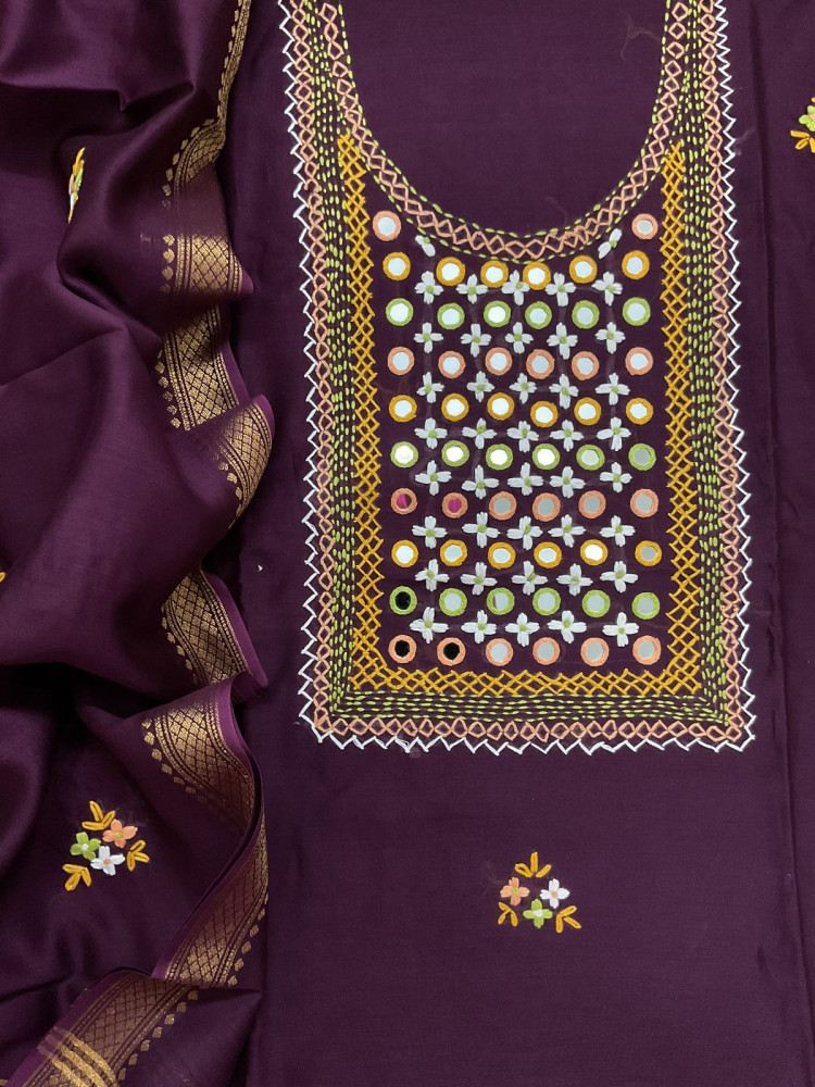 Image of Pure Chanderi Embroidered Suit - Wine