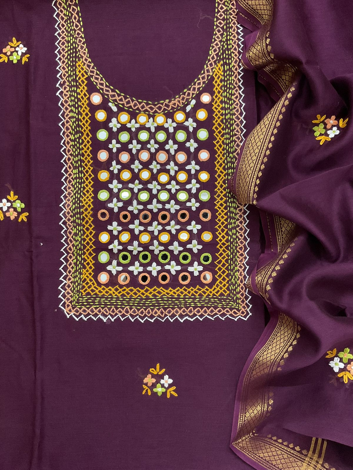 Pure Chanderi Embroidered Suit - Wine