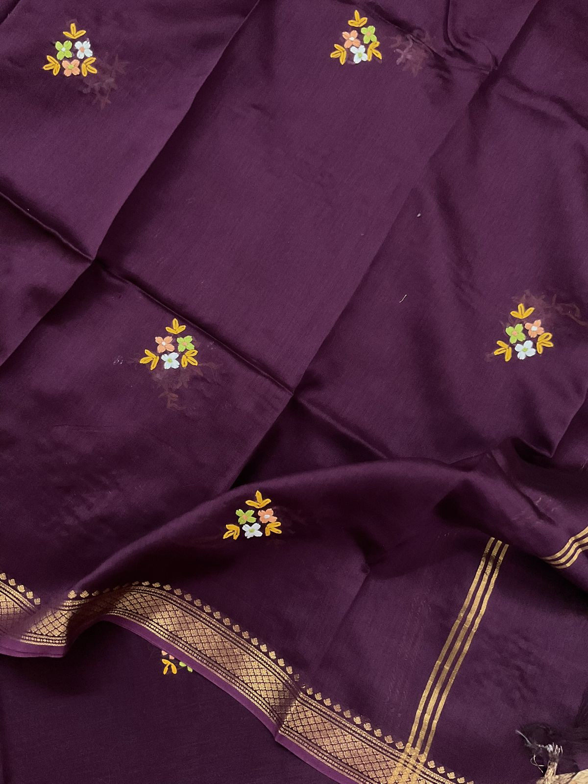 Pure Chanderi Embroidered Suit - Wine