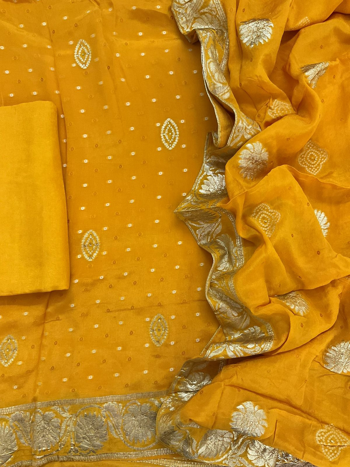 Pure Chinnon Silk Printed Banarasi Weaved Embroidered Suit - Yellow