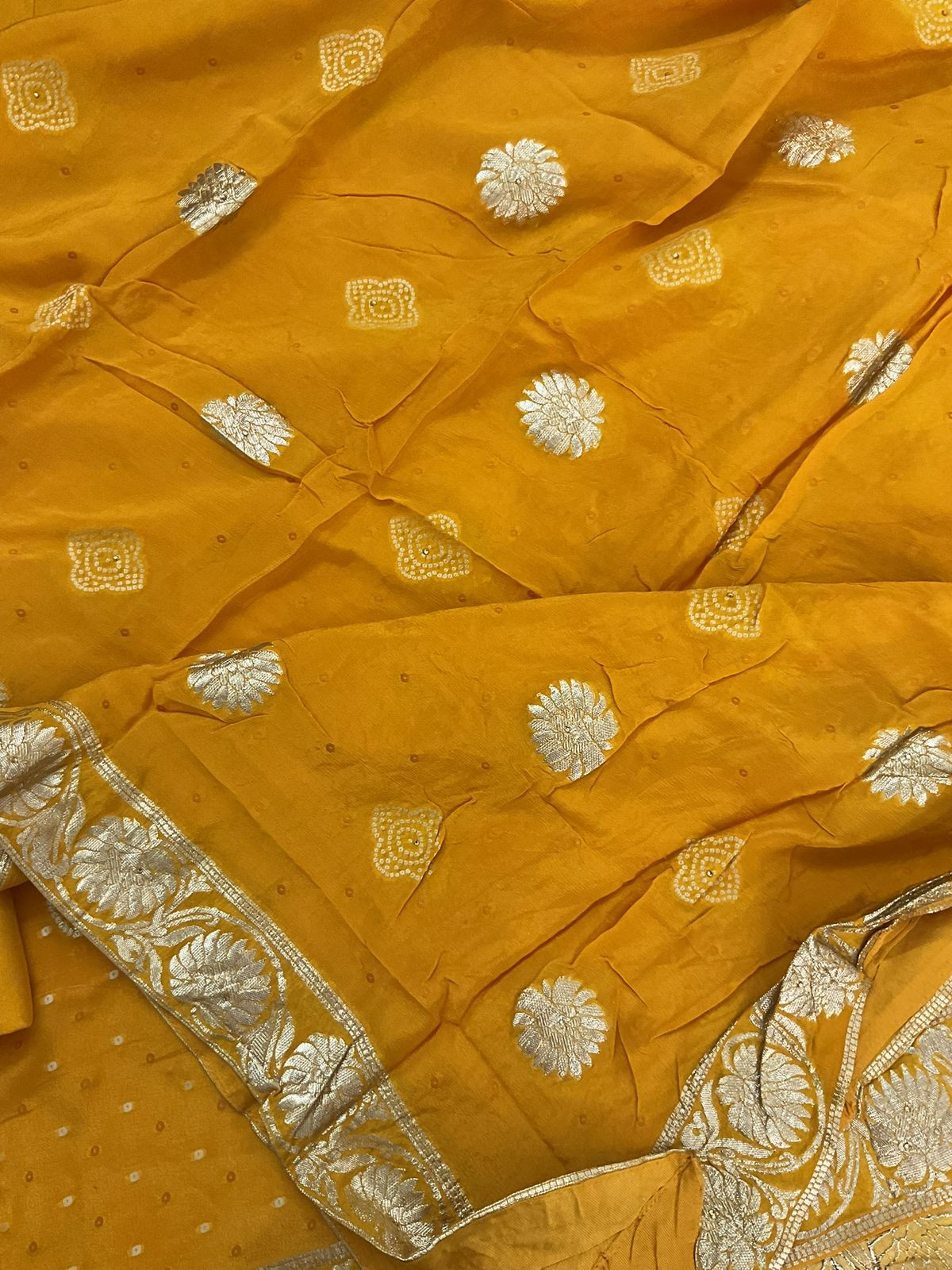 Pure Chinnon Silk Printed Banarasi Weaved Embroidered Suit - Yellow